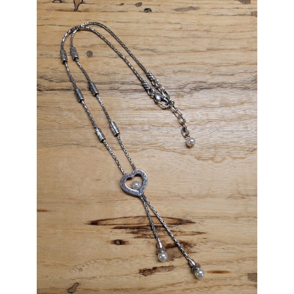 Brighton Sorority Row Silver Tone Lariat Heart Necklace Faux Pearl 16-18".